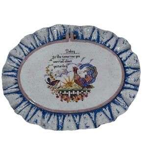 Vintage‎ Handcrafted Ceramic Needlepoint-look Wall Plaque Rooster Cottagecore